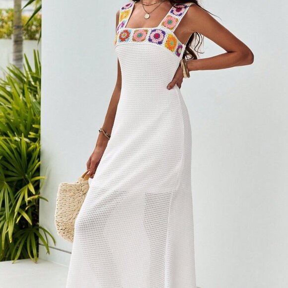 White Boho Women's Slim Fit Crochet Flower Fishtail Dress - Picture 6 of 6